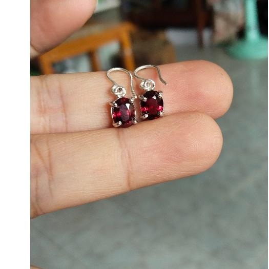 T48ต่างหูพลอยโกเมนแท้ เงินแท้พร้อมส่ง