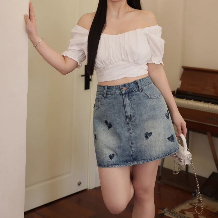 JIAQI  กระโปรงยีนส์  เอวสูงกระโปรงยีนส์สั้นเองสูง ปักหัวใจ กระโปรงสาวอวบ ทรงสวย ขนาด S-5XL[น้ำเงินมหาสมุทร] ราคา ถูกที่สุด ดีลบีเคเค แกลเลอรีภาพที่ 2