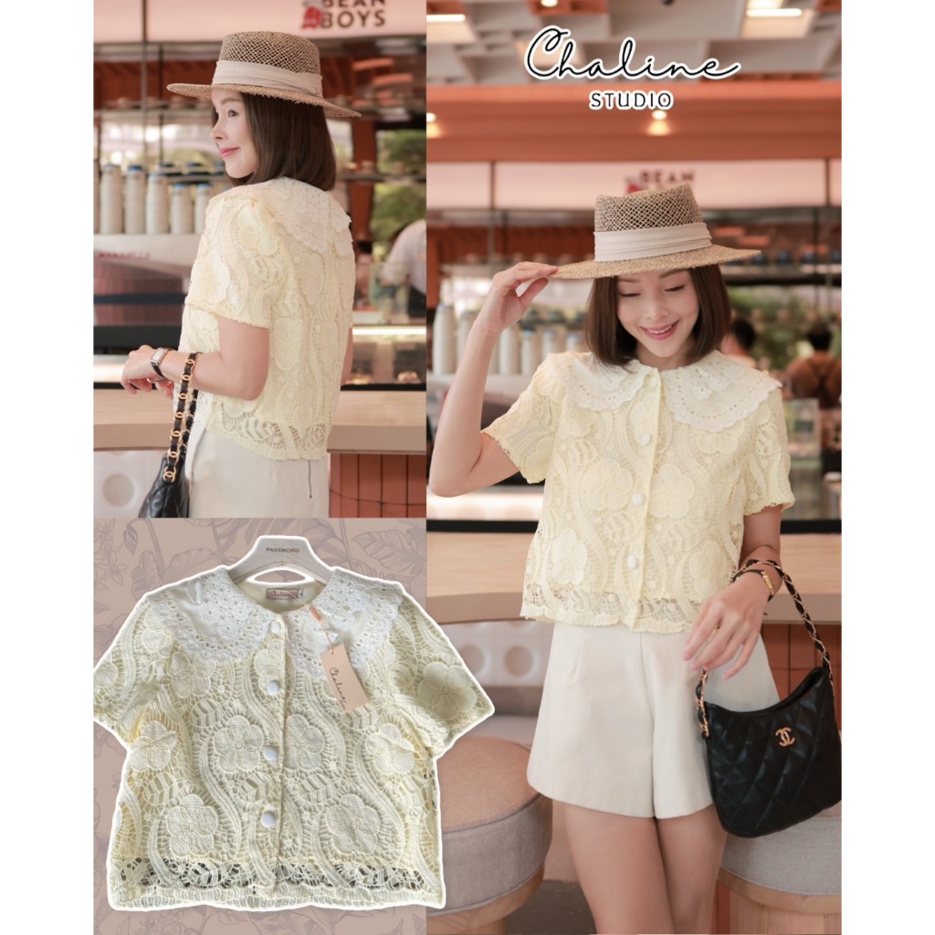 •CHALINE STUDIO• P&C 86472 เสื้อลูกไม้คอตตอนเนื้อนุ่มปักฉลุ แต่งปกลูกไม้ 2 ชั้นทั้งหน้าหลัง
