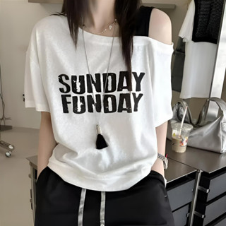 เสื้อยืดเปิดไหล่ เสื้อเเขนสั้นผู้หญิง เสื้อปาดไหล่สาวอวบใส่ไ…