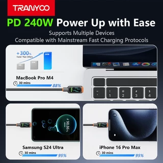 TRANYOO สายชาร์จเร็วมือถือ 240W TYPE-C เอฟเฟกต์แสงแบบไดนามิก ชิป E-MARKER lig&tning 36W