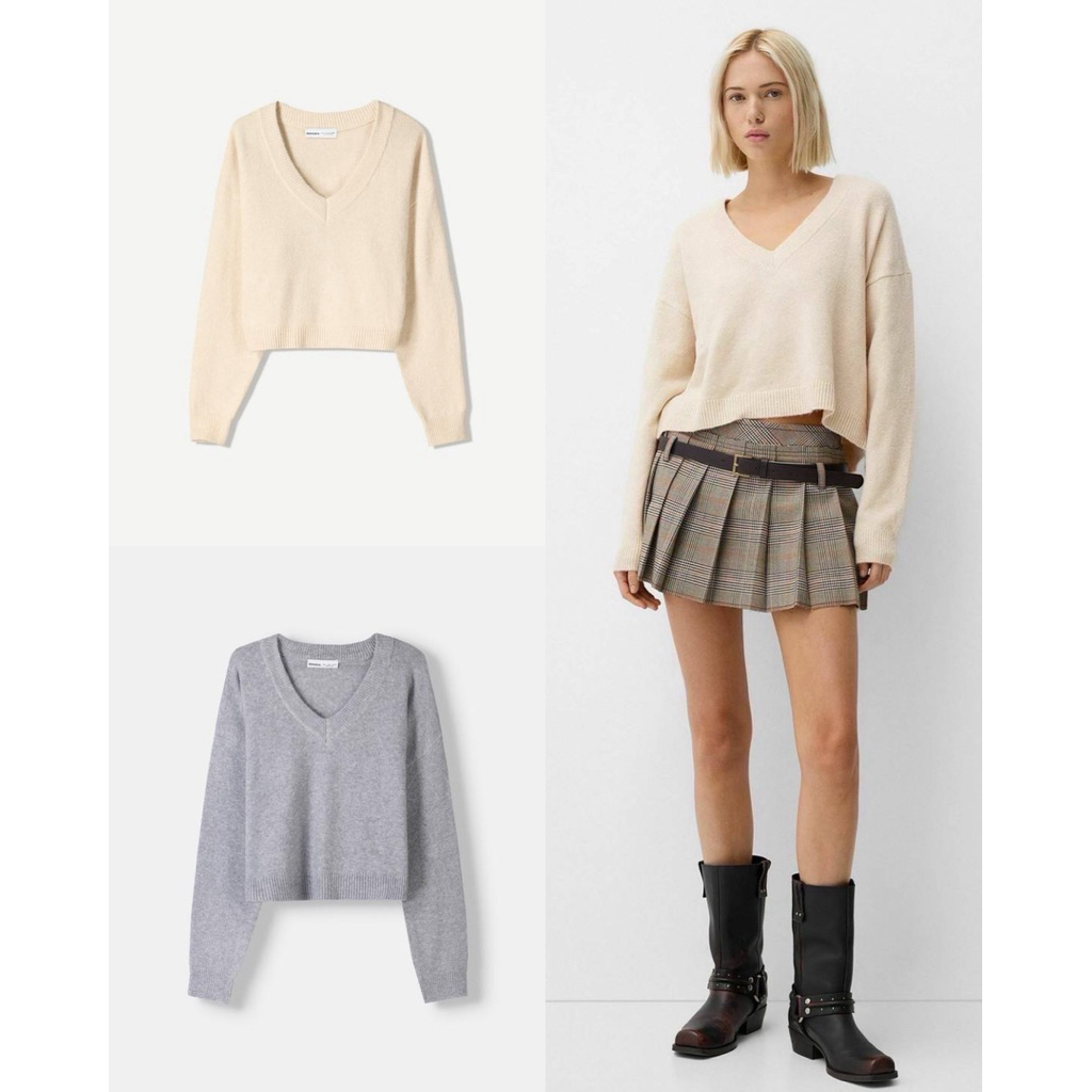 (ของแท้ ) Bershka cropped v-neck sweater ครอปสเวตเตอร์ คอวี มี 2 สี