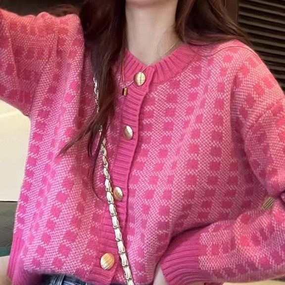 zsjt.fashion เสื้อคลุมไหมพรม แขนยาว กระดุมหน้า ลายตาราง 0012#สำหรับผู้หญิง