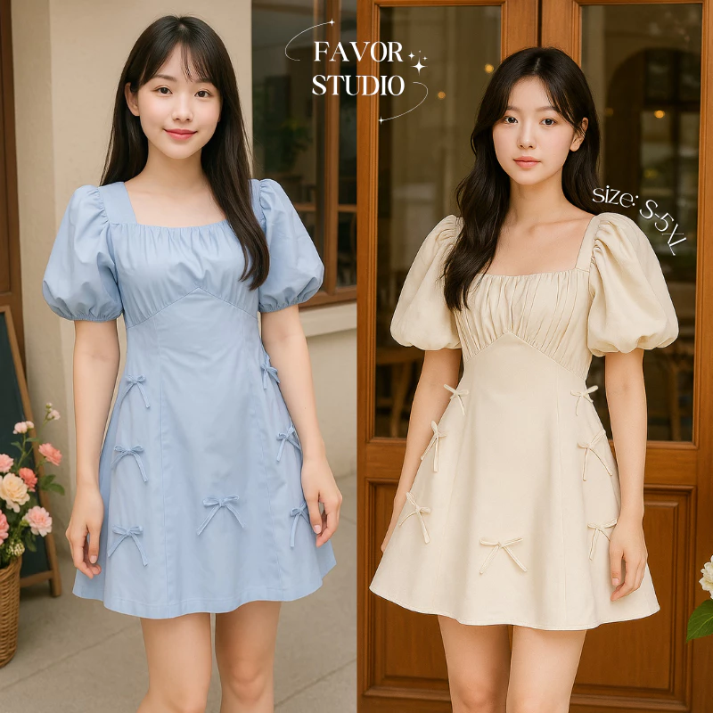 【S-5XL】 มินิเดรส เดรสสั้น สีพาสเทล แขนพองตุ๊กตา แต่งโบว์สไตล์เกาหลี น่ารัก เดรสพลัสไซซ์ เดรสออกงาน