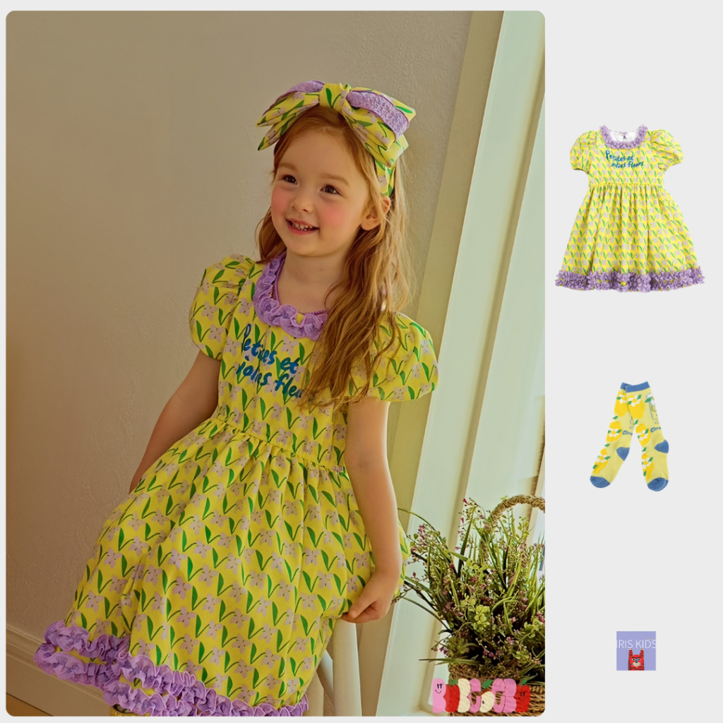 เดรสเด็กผู้หญิง IKD071 ลายดอก Lily สีเหลืองม่วง｜เดรสเจ้าหญิง ผ้านิ่ม ใส่เที่ยว｜IRIS KIDS ของแท้