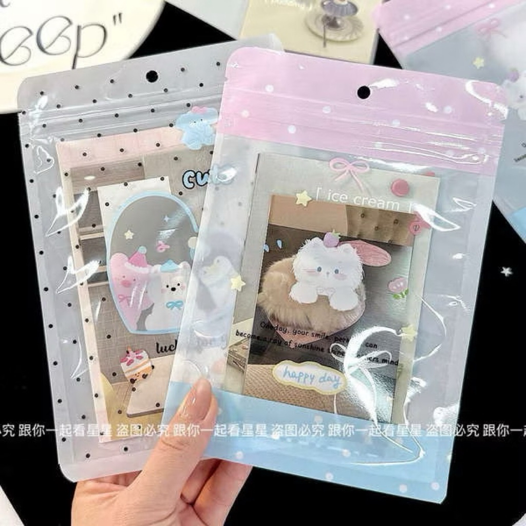 🎀🩵พร้อมส่ง!ถุงซิปล็อคลายการ์ตูน แพค10ชิ้น ลายน้องหมา ฟ้าชมพู ลายจุด มีที่แขวน ขนาด13*19cm