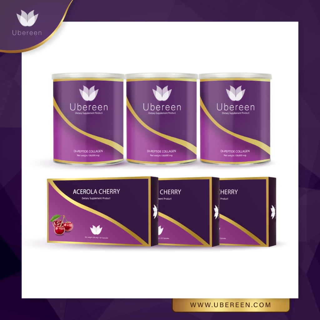 คอลลาเจน Ubereen 3 กระปุกวิตามินซี 3 Collagen Peptide + Dipeptide มีวิตามินซี ดูดซึมไว เพื่อผิวใสสว่