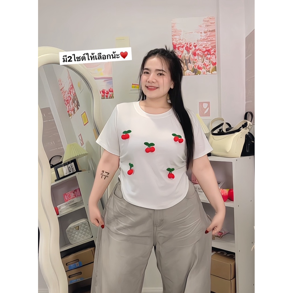 ย 403 ใหม่ เสื้อยืดจั๊มเอวพรางหุ่นเย็บติดเชอร์รี่ มี2ไซต์ ผ้ายูนิโคสาวอวบใส่ได้