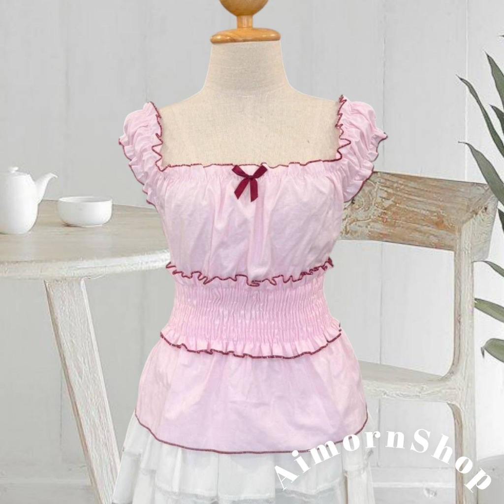 🔥aimorn_shop🔥เสื้อสม็อคช่วงเอว แขนตุ๊กตา ใส่ปาดไหล่ได้ ลายริ้วชิคๆ สีหวานละมุนมาก - รูปที่ 2