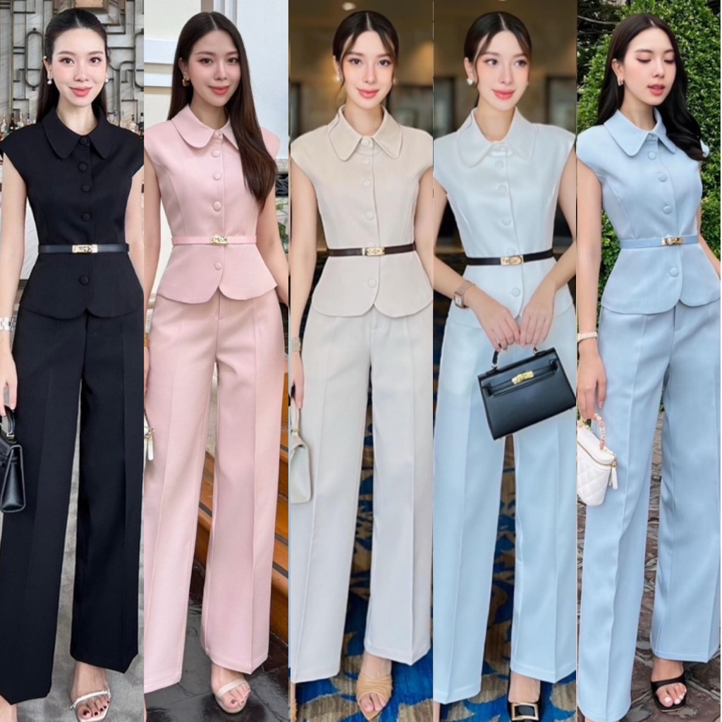 🚩ร้านโค้ดคุ้ม🚩 SHIMMER4 เซตเสื้อ+กางเกง+เข็มขัด ผ้าสูทวาเลนติโน่ ชุดออกงาน สีฟ้า สีขาว สีเบจ วันแม่