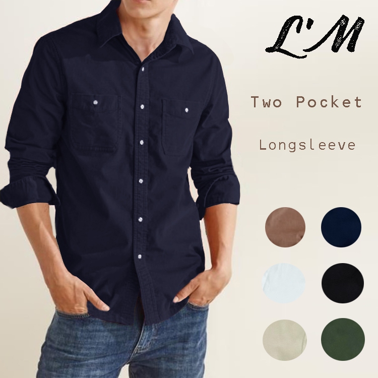 L'm men's style เสื้อเชิ้ตผู้ชายแขนยาว เสื้อเชิ้ต2กระเป๋า ผ้าpremium cotton