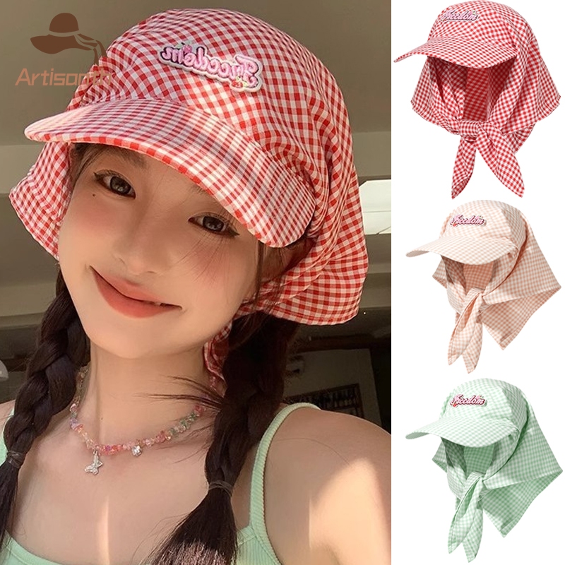 ส่งเร็ว💥หมวกแฟชั่นสตรี ป้องกันแดด ผ้าโพกหัวลายสก็อต Y2Kหวานและน่ารัก ฤดูร้อนสําหรับผู้หญิง กลางแจ้ง.Artisanth
