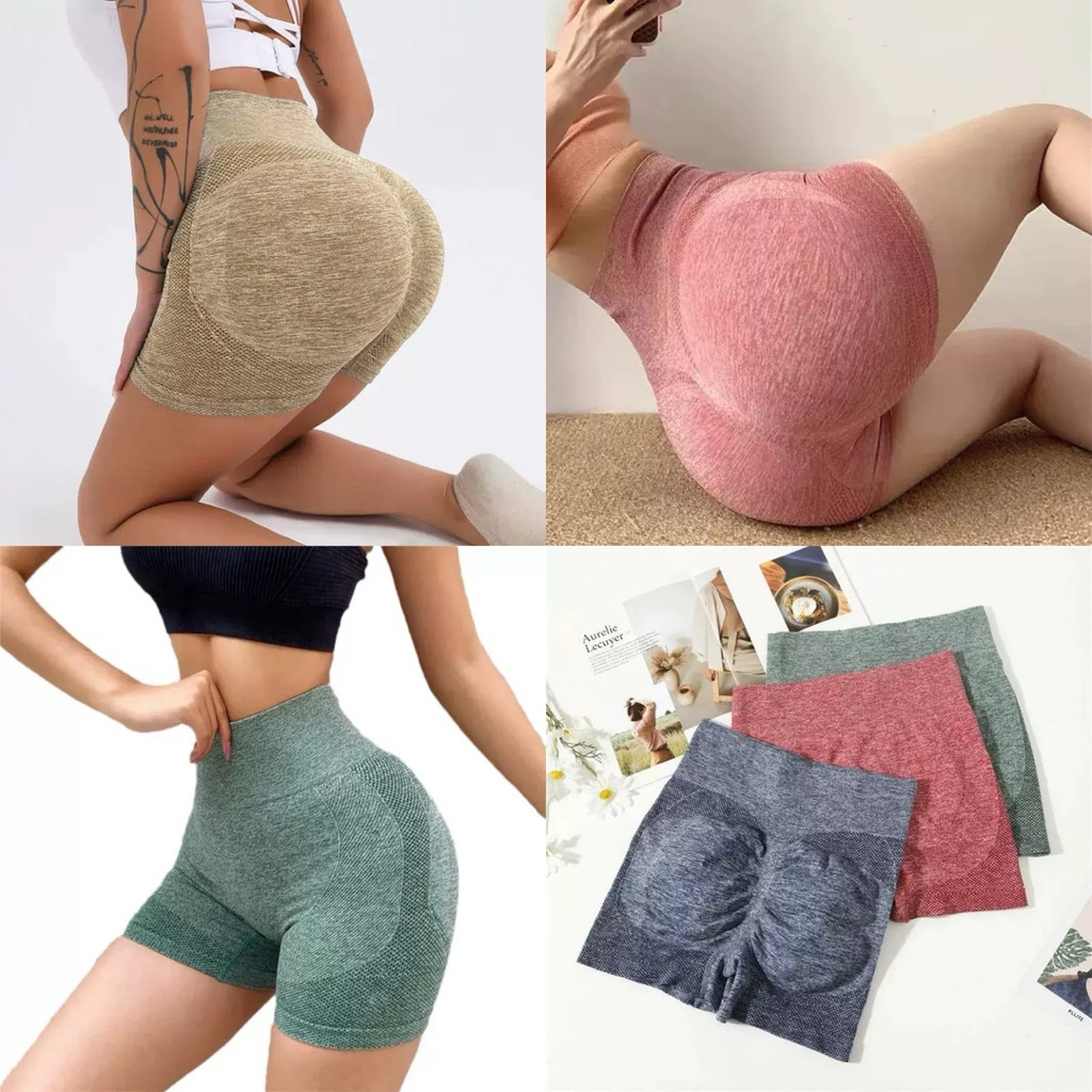 PrettyLady Shop（018）กางเกงโยคะขาสั้นสำหรับผู้หญิง เอวสูง กางเกงออกกำลังกาย ฟิตเนส ยกก้น