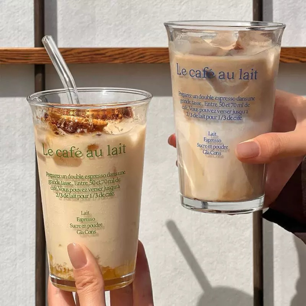 แก้วกาแฟใสพิมพ์ลาย Le café au lait แก้วใส่นมกาแฟสไตล์เกาหลี มีหลอด 300ml