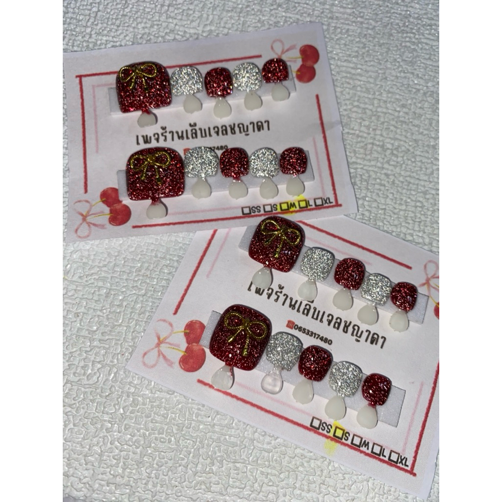 เล็บเท้าแฟลสแดงติดโบว์กับกากเพชรดำอมม่วง🫐🍓