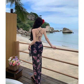 แม็กซี่เดรสสายเดี่ยว แบบผูก คอวีแต่งระบาย สีพื้นลายดอกไม้ ผ้าตาข่ายมีซับใน ผ่าข้างขวา เอวสม็อค #8138