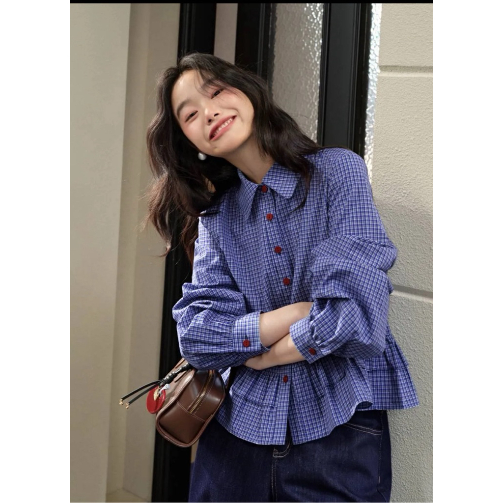 [มือสอง] เสื้อเชิ้ต Kuose Blue Plaid Blouse อก 40 สภาพดีมาก