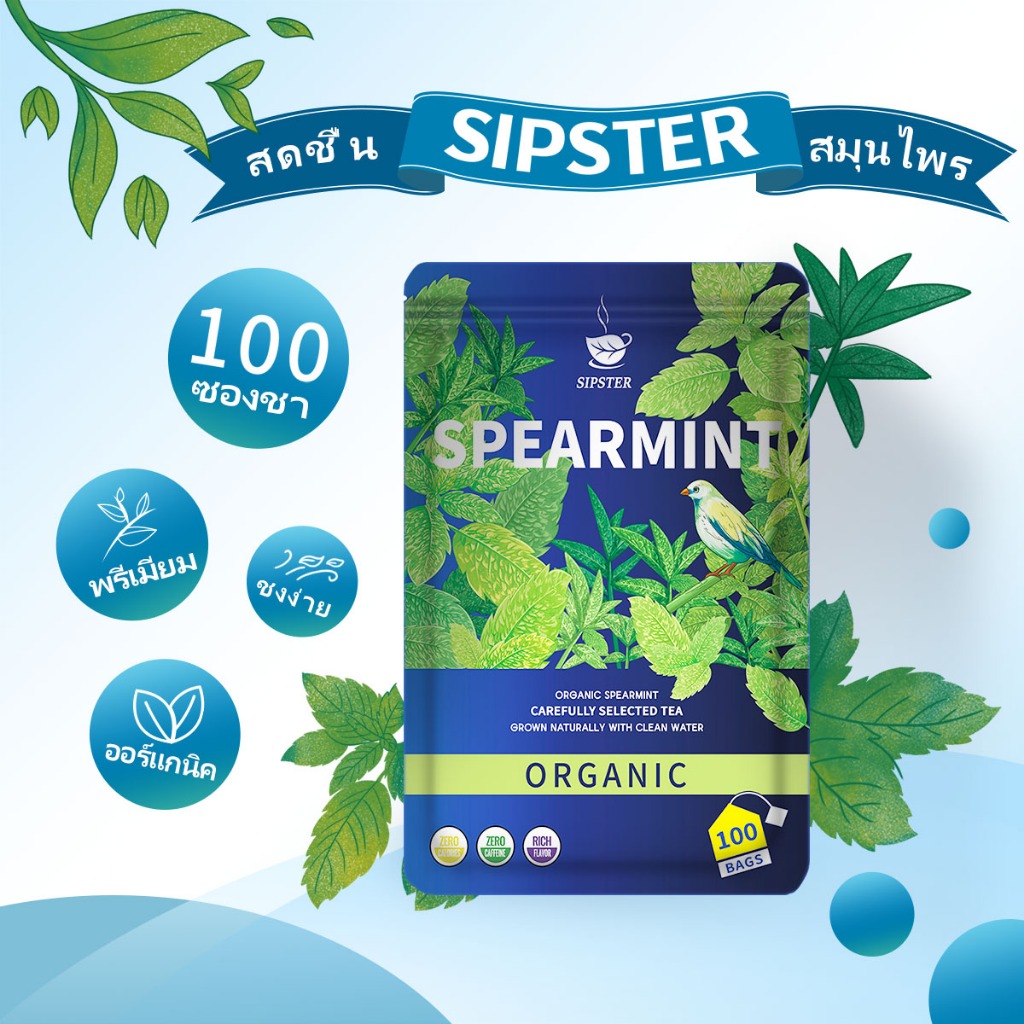 SIPSTER ชา สเปียร์มินต์ (Spearmint tea) ออร์แกนิค 100 ซอง 160 กรัม ไม่มีคาเฟอีน ไม่ใส่น้ำตาล ดื่มง่าย หอม สดชื่น