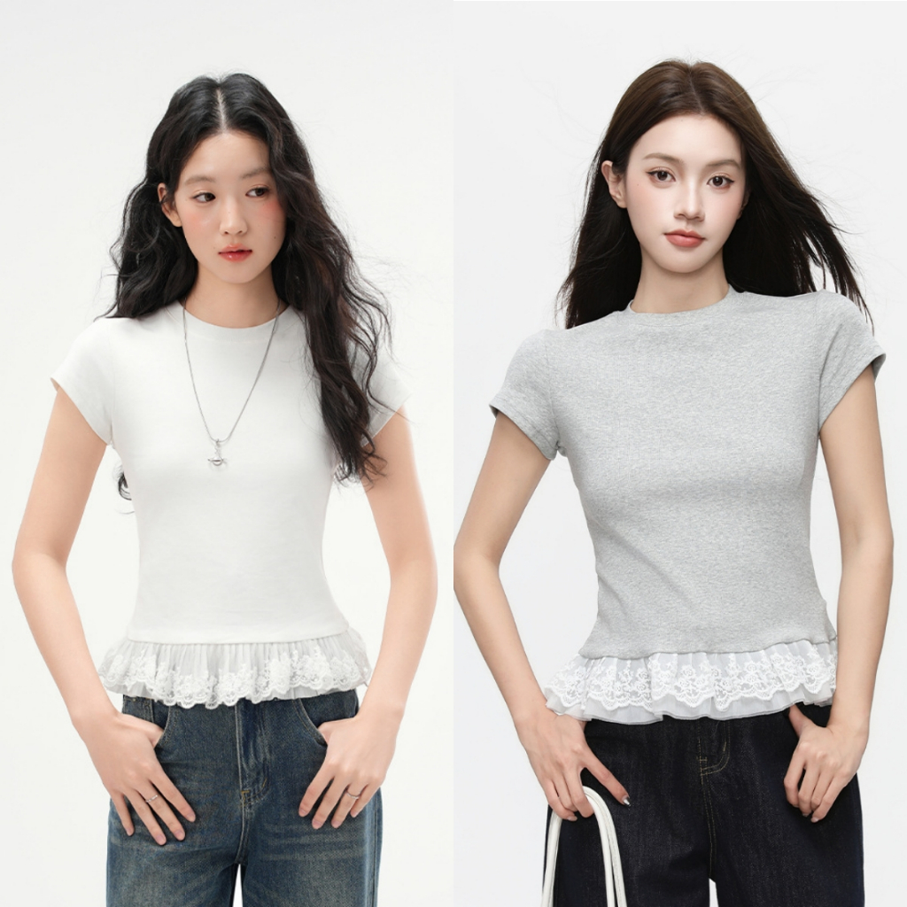 เสื้อยืดคอกลมแขนสั้นผ้าลูกไม้ฝรั่งเศส ทรงเข้ารูป เรียบง่ายและใช้งานได้หลากหลาย ผ้าฝ้าย