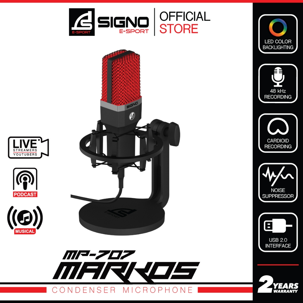 SIGNO MP-707 ไมค์โครโฟน Microphone Condenser 48kHz มีระบบลดเสียงรบกวน ไฟ LED ใช้กับ PC/โทรศัพท์ เชื่อมต่อแบบ USB-A/USB-C