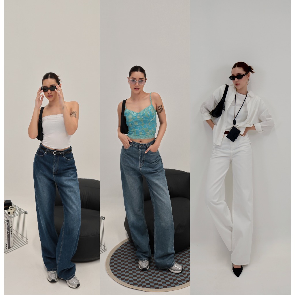 ยีนส์ Nammon Jeans BA01,BA03,BA05 กางเกงยีนส์ขากระบอกใหญ่ขาว - ผ้าไม่ยืด