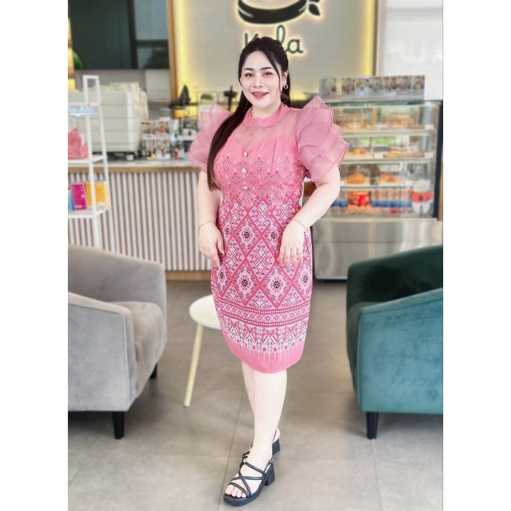 เดรสผ้าไทยประยุกต์แต่งแขนระบาย ใส่ออกงานบุญงานบวช งานพิธีการ งานแต่งทอดกฐิน - รูปที่ 2