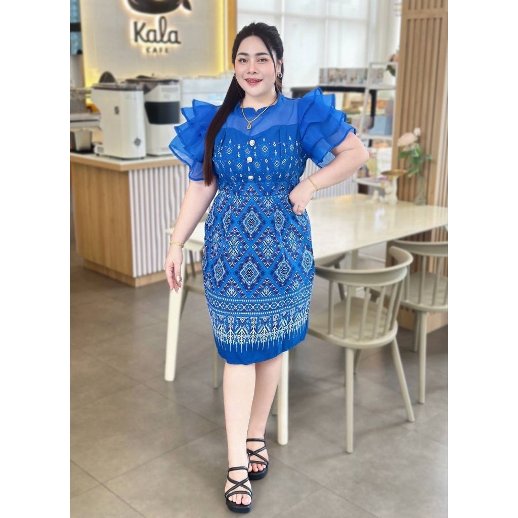 เดรสผ้าไทยประยุกต์แต่งแขนระบาย ใส่ออกงานบุญงานบวช งานพิธีการ งานแต่งทอดกฐิน - รูปที่ 5