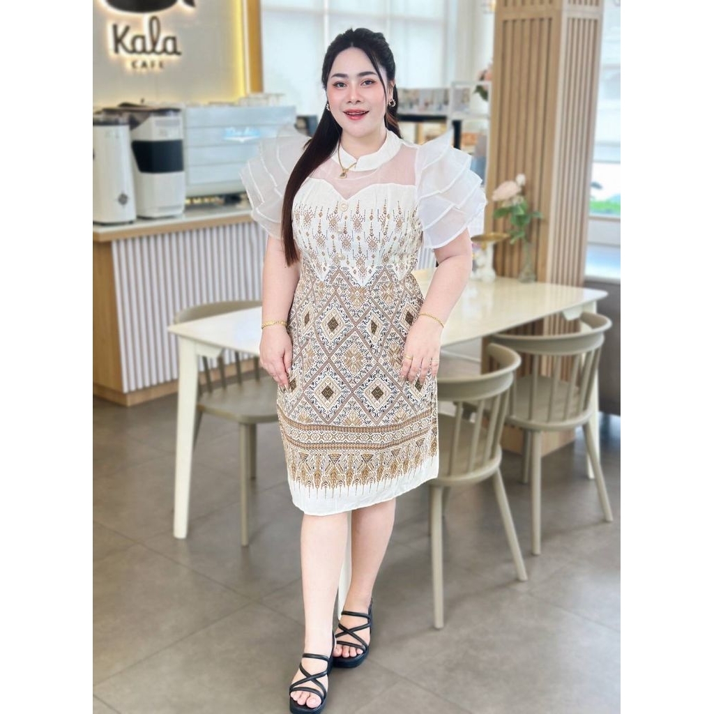 เดรสผ้าไทยประยุกต์แต่งแขนระบาย ใส่ออกงานบุญงานบวช งานพิธีการ งานแต่งทอดกฐิน - รูปที่ 6