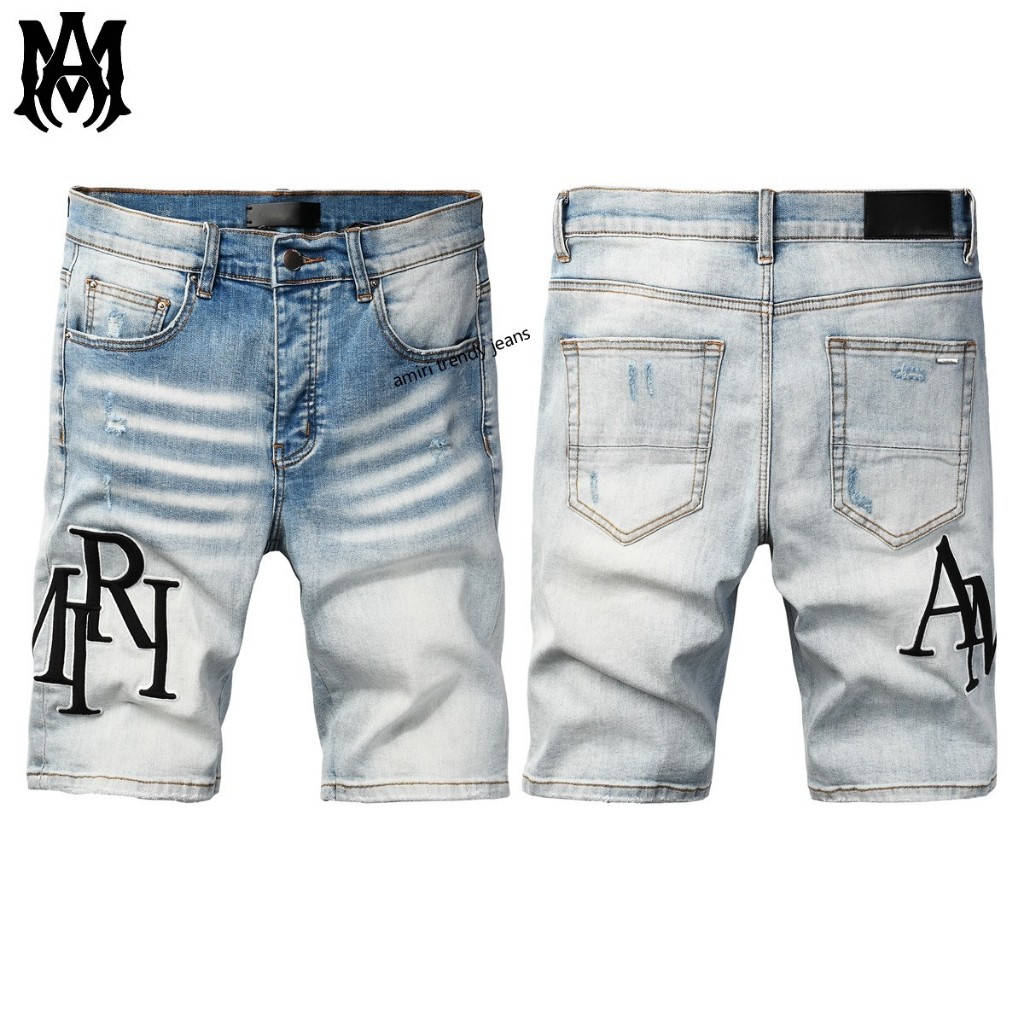 Amiri กางเกงขาสั้นยีนส์ไล่เฉดสีเรียบง่ายสำหรับผู้ชาย กางเกงขาสั้นระบายอากาศแบบคลาสสิค