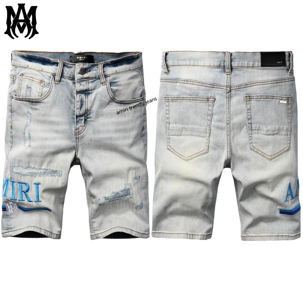 Amiri กางเกงขาสั้นยีนส์ปักลายวินเทจสำหรับผู้ชาย กางเกงขาสั้นซักแบบคลาสสิก