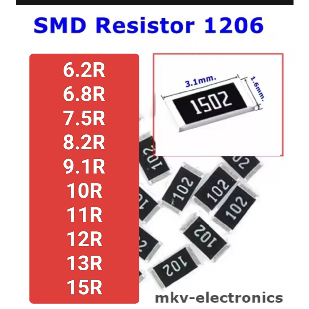 (1206) 6.2R 6.8R 7.5R 8.2R 9.1R 10R 11R 12R 13R 15R  SMD Resistor 3.1x1.6mm. 1/4Watt