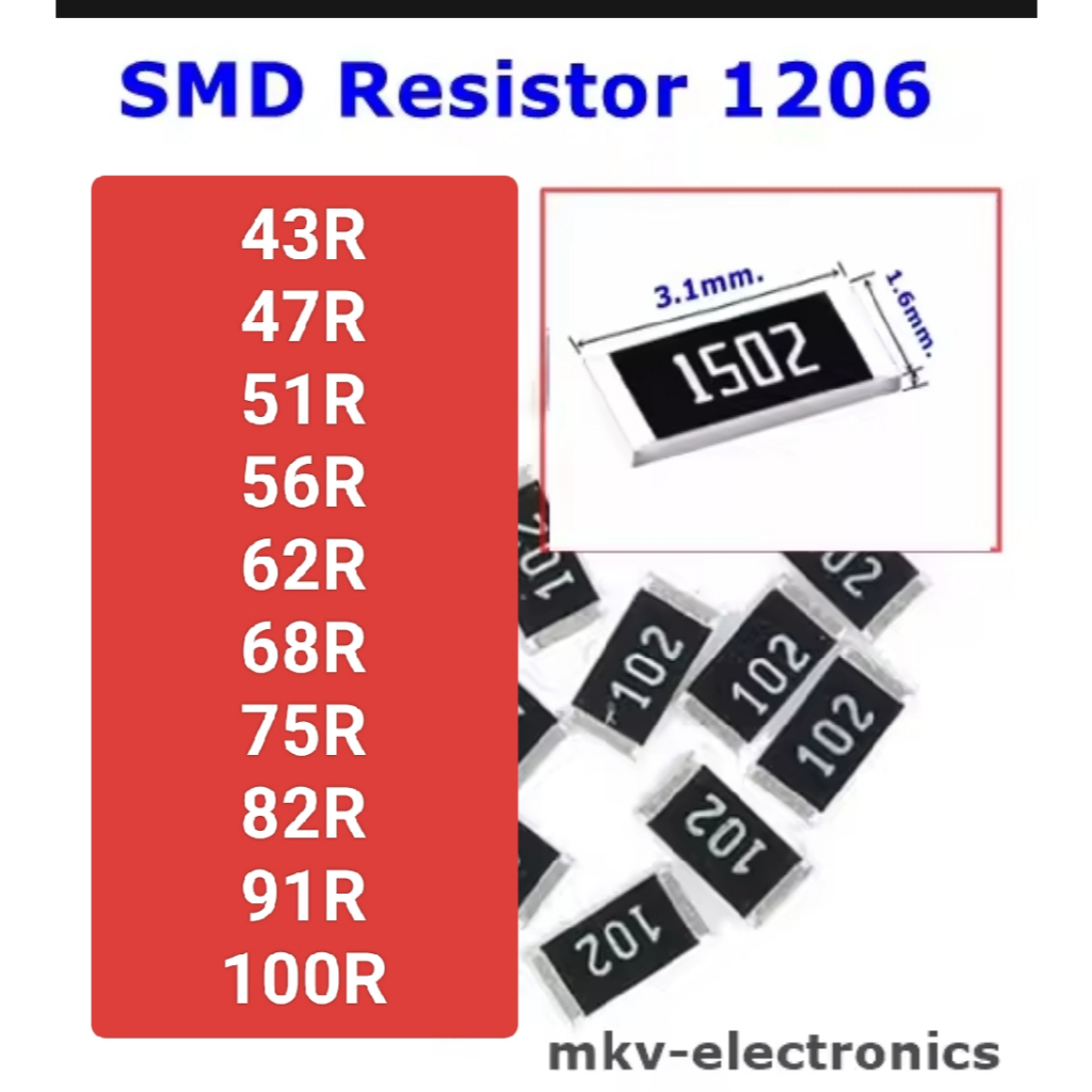 (1206) 43R 47R 51R 56R 62R 68R 75R 82R 91R 100R SMD Resistor 3.1x1.6mm 1/4watt