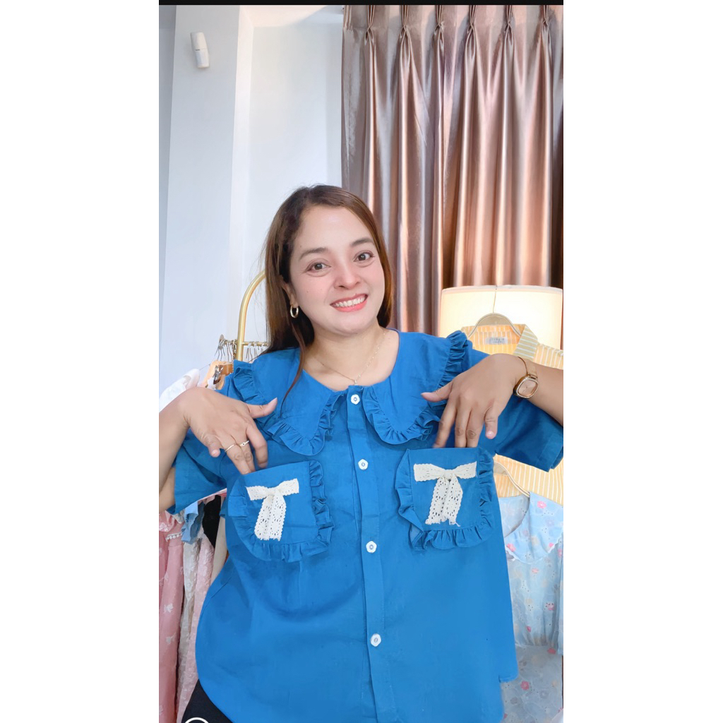 J114.เสื้อปกบัวระบาย รุ่นกระเป๋าระบายโบว์ลูกไม้คู่ อก50“