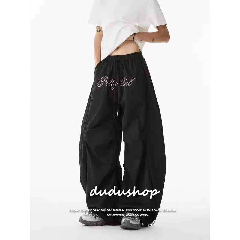 [Summer quick-drying fabric sports jazz dance wide-leg pants] กางเกงกีฬาขากว้างพิมพ์ลายตัวอักษร จีบ สีอเมริกัน กลาง
