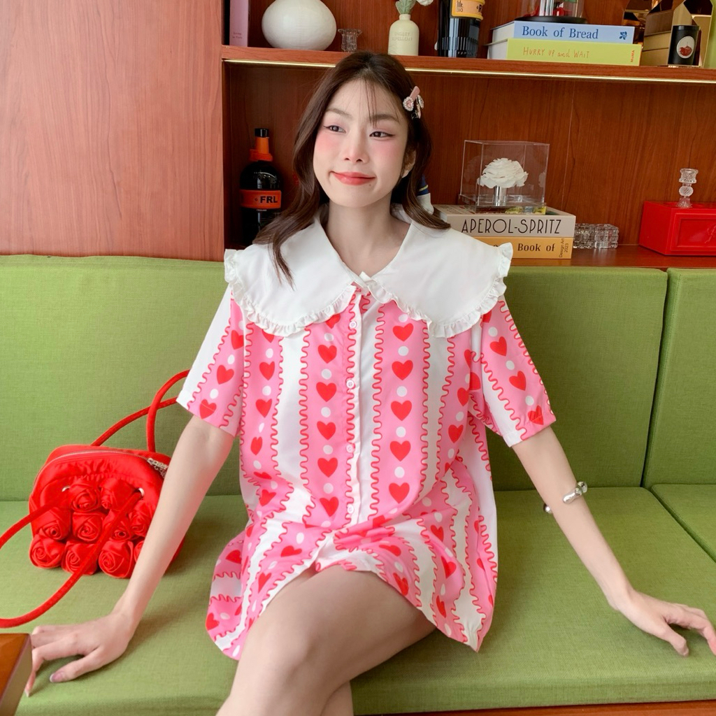 S15 Sunny closet เสื้อปกคอบัว ผ้าลายน่ารัก สไตล์เกาหลี korean  free size46"