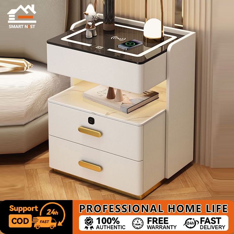 SMART NEST ตู้ข้างเตียงอัจฉริยะรุ่นใหม่ ทันสมัยและเรียบง่าย ชาร์จไร้สาย มัลติฟังก์ชั่น พร้อมลำโพง ปลดล็อกด้วยลายนิ้วมือ