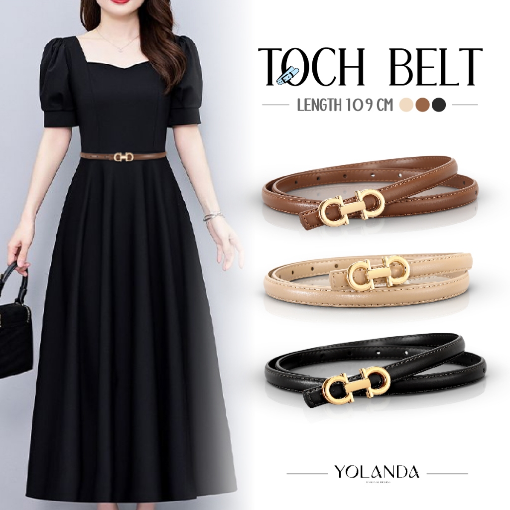 Yolanda เข็มขัดผู้หญิง สไตล์เกาหลี เส้นบาง เข็มขัดหนัง PU  หัวทอง ทรงเรียบ สวมใส่สบาย ใส่แล้วดูแพงทันที แมทง่าย FF1609