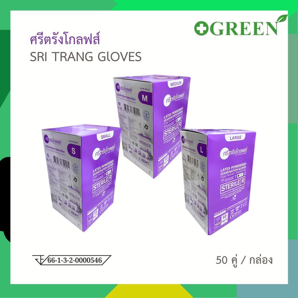 ถุงมือยางปลอดเชื้อศรีตรังโกลฟส์  (กล่องสีม่วง) Sterile มีแป้ง ไซส์ S,M,L (1 กล่อง/50คู่)
