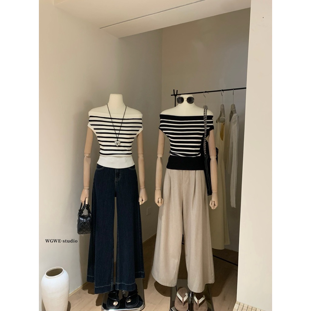 เสื้อปาดไหล่ ลายริ้ว ป้าย Jarinya 🐰