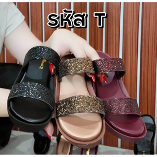 รองเท้าผู้หญิง แบบสวมสองสายกากเพชร ส้นสูง 2 นิ้ว กรอกโค้ด 30…