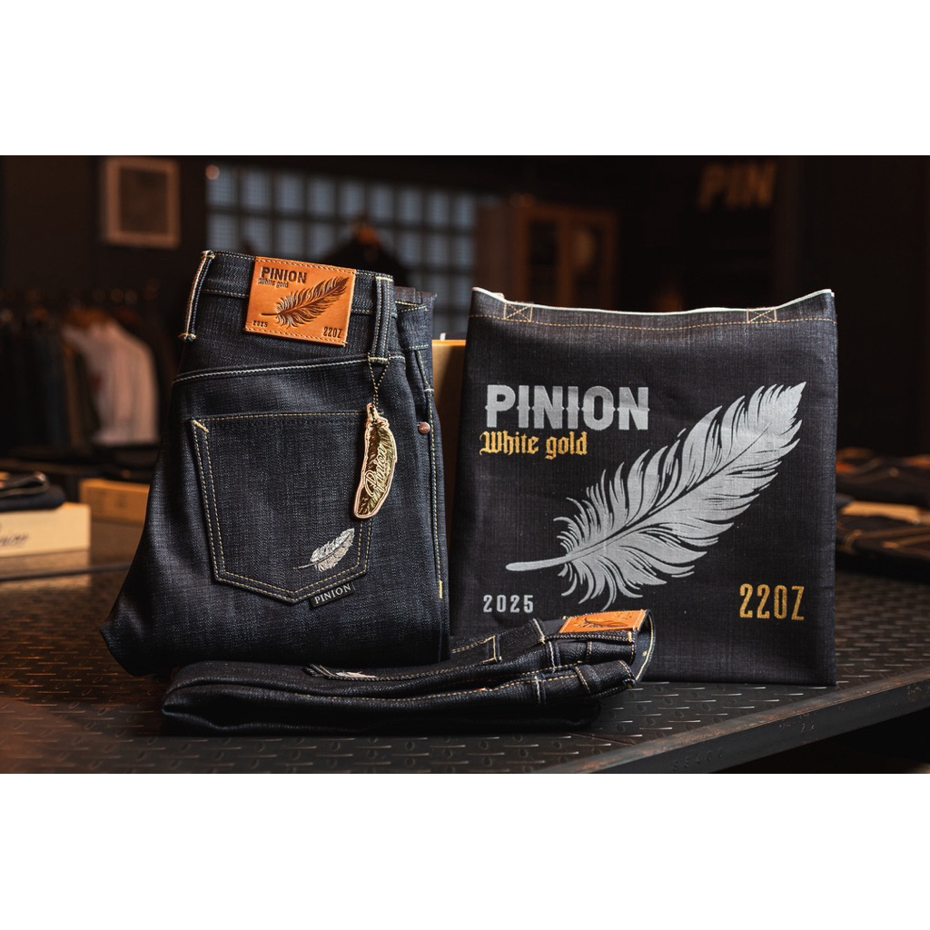 PINION DENIM WHITE GOLD 2025  22oz ผ้า Japan Slub one way new collection  น้ำหนัก 22oz ริมแดง  สี Deep Indigo