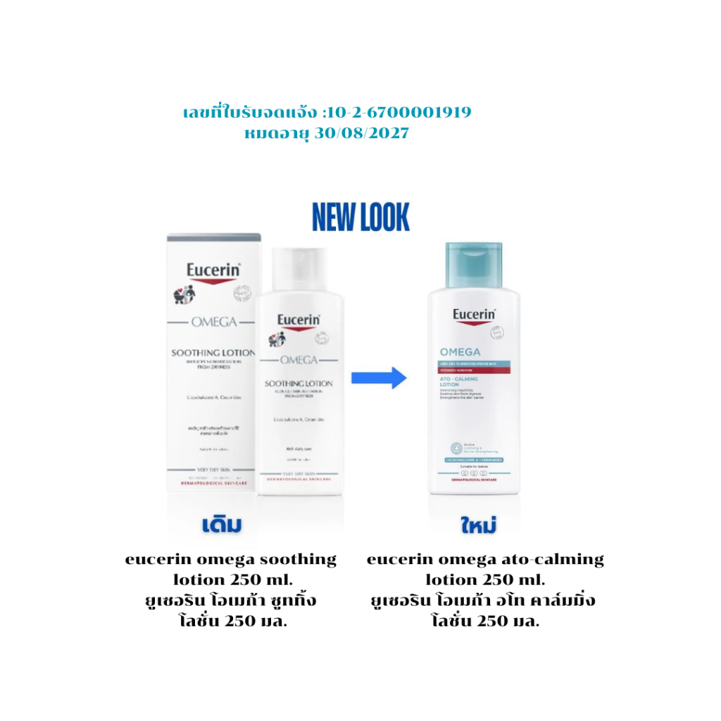 Eucerin Omega​ Soothing​ Lotion.250 ml +Tester ฉลากไทย มีอย.ผู้ที่มีผิวแห้ง  คัน ผื่นแพ้**ไม่มีกล่อง
