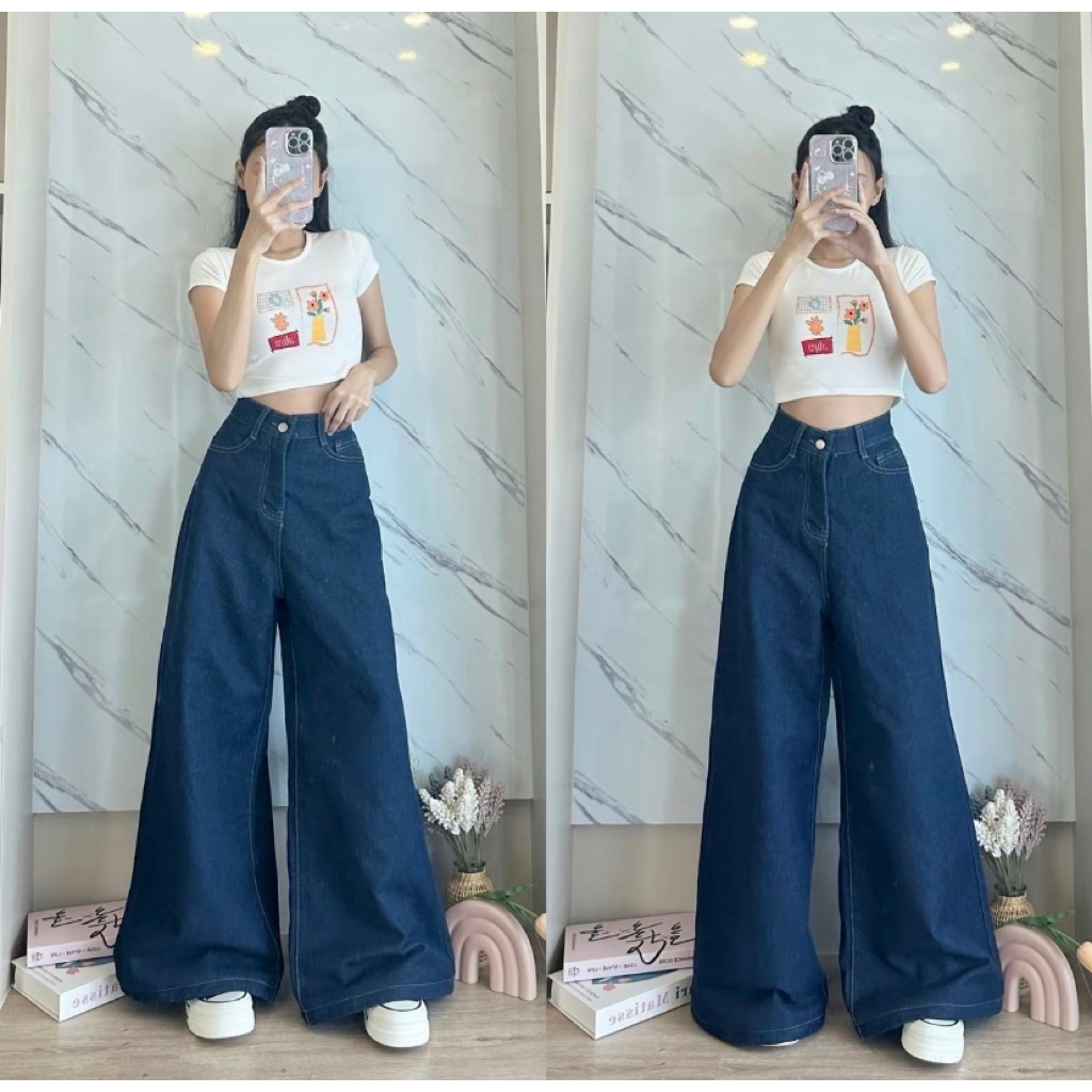 CHANA Baggy Jeans สีน้ำเงินเข้ม กระบอกใหญ่