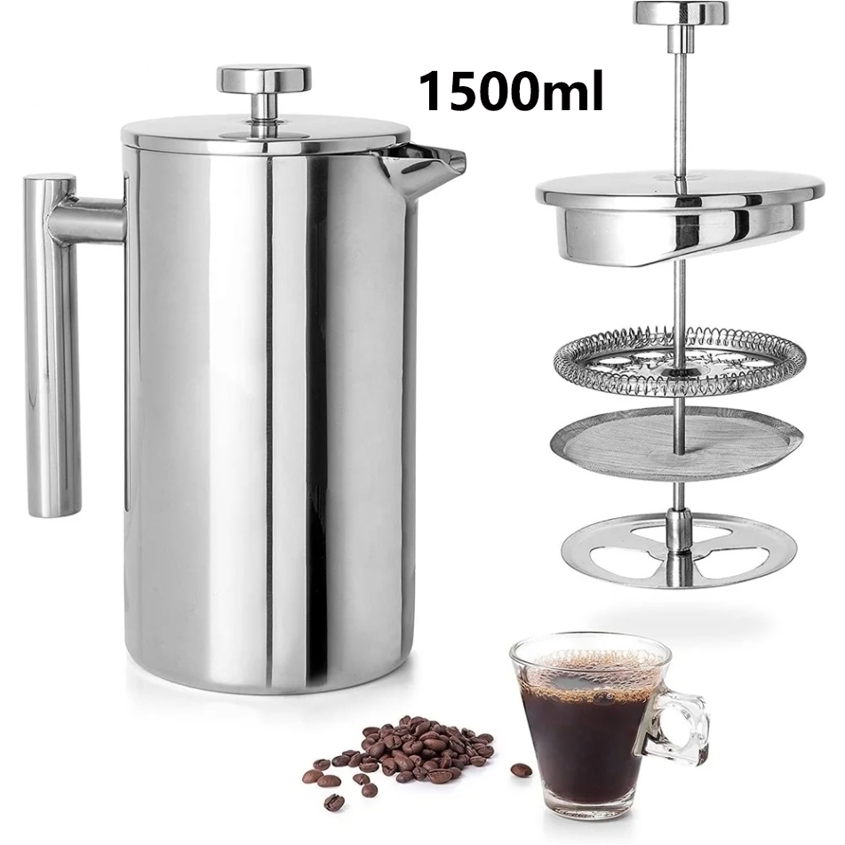 เหยือกชงกาแฟสแตนเลส French Press กาชงกาแฟ เหยือกชงกาแฟ ความจุ 1500ml สแตนเลส304 ตัวกรอง 3ชั้น T