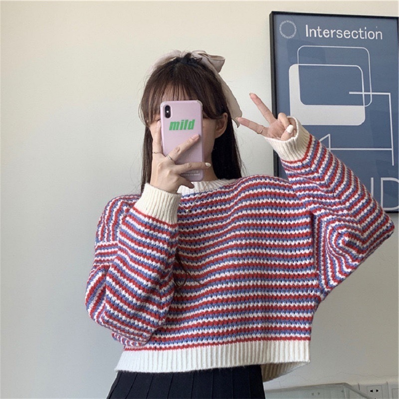 เสื้อไหมพรมแขนยาว คอกลม ลายทาง รุ่น3065#