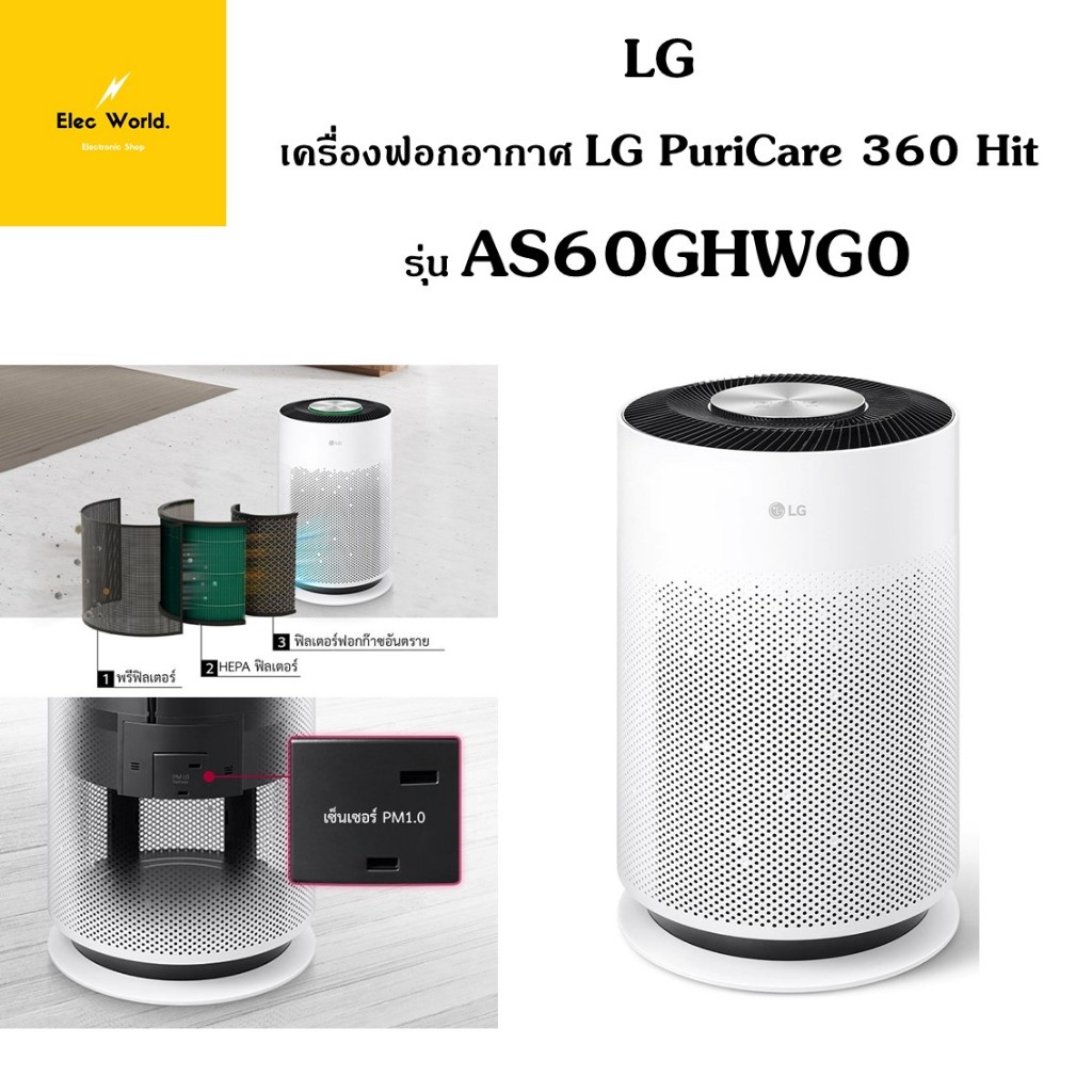 LG เครื่องฟอกอากาศ LG PuriCare 360 Hit รุ่น AS60GHWG0 ครอบคลุมห้องขนาด 61 ตร.ม. 470 ลูกบาศเมตร/ชม. ก