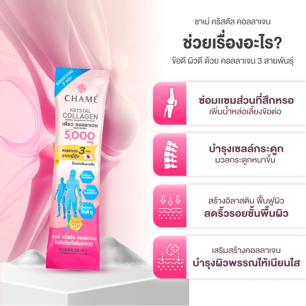 CHAME' Krystal Collagen (6 ซอง ) (EXP.22/10/2026) 2 กล่องชาเม่ คริสตัล คอลลาเจน บำรุงข้อเข่า ผิวใส ไม่คาว(อาหารเสริม) - รูปที่ 4