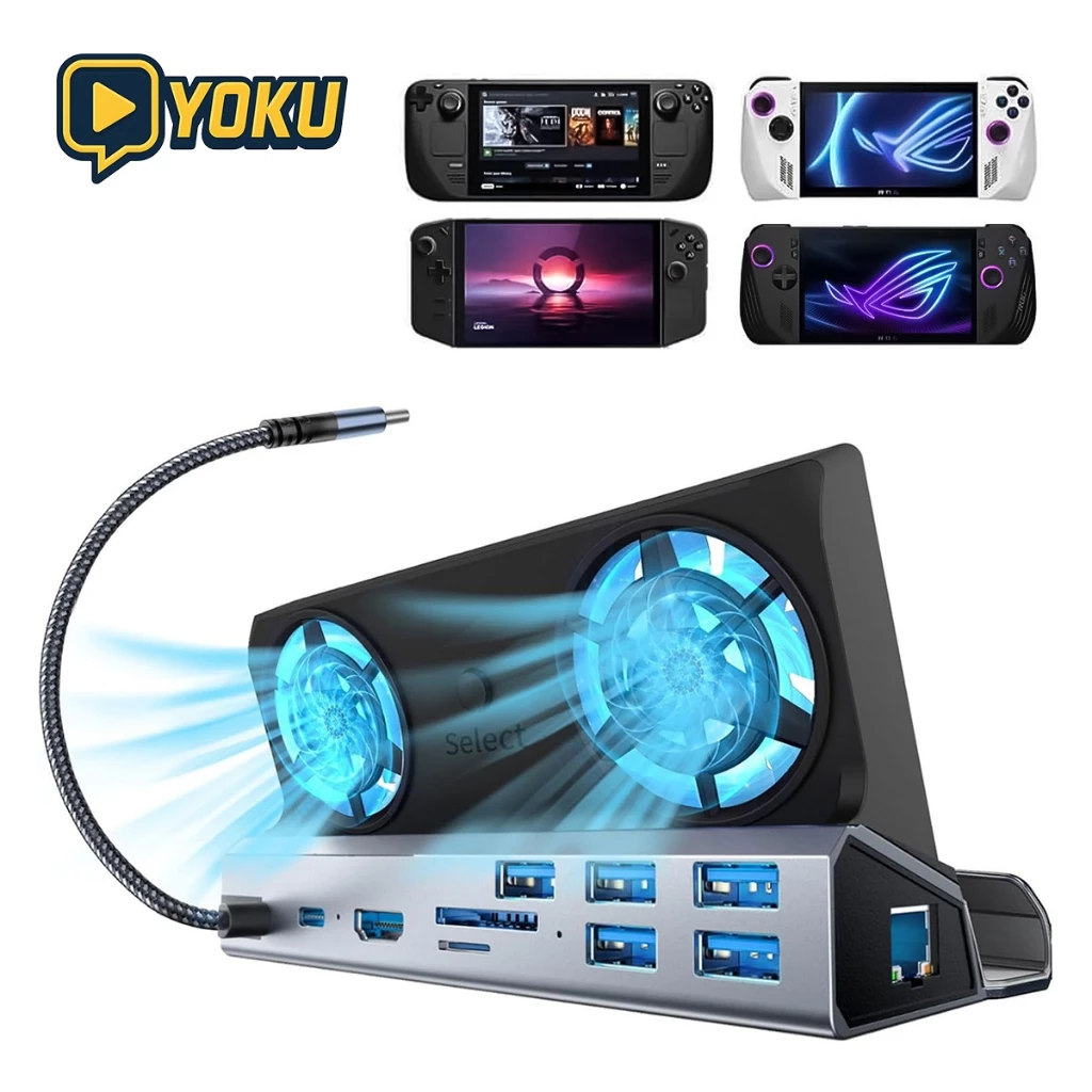 แท่นวาง ROG Ally X/Steam Deck OLED/Switch2 10-in-1พร้อมฮับ 4K@60Hz Gigabit Ethernet TV Dock นำมา พัดลมคู่ระบายร้อน