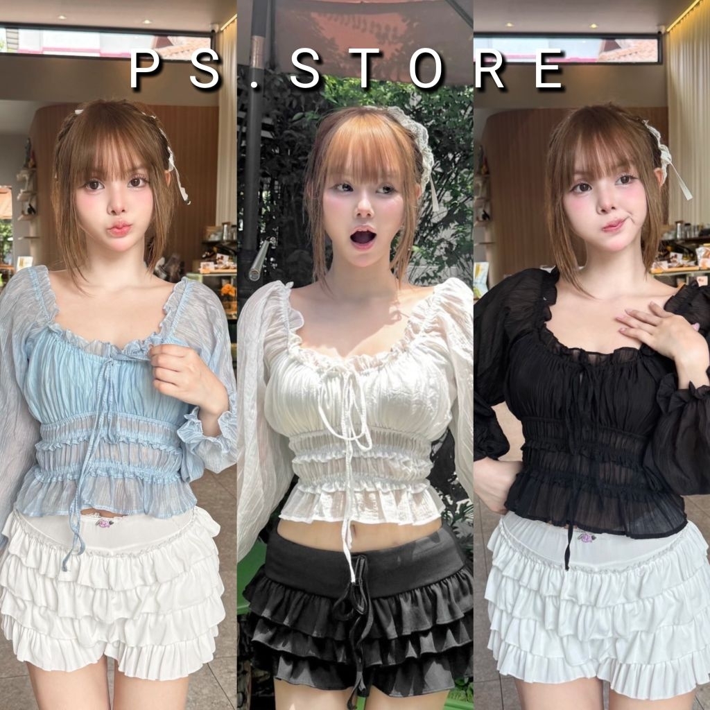 Muffy : เสื้อครอปคอเหลี่ยมแขนยาว งานจั๊มดึงยางช่วงเอว ใส่ขึ้นแขน/ปาดไหล่ได้
