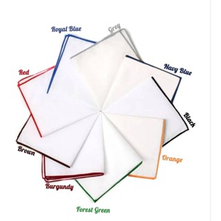ผ้าเช็ดหน้าสูทคอตต้อนขาวขอบ15สี  (เลือกสีได้เลยครับ)